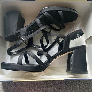 Bakers Flash Black Shiny Chunky Heel Strappy Shoes - Size 8